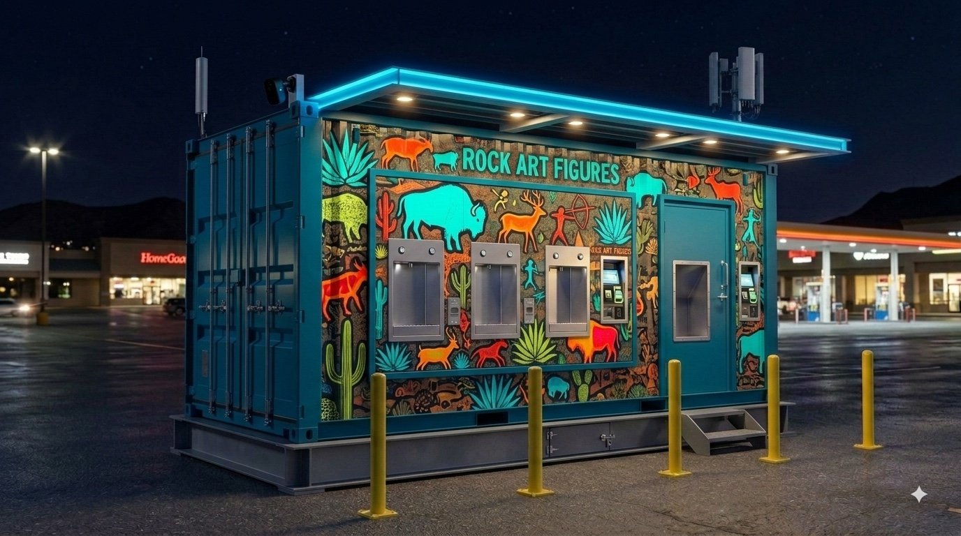Daylight kiosk concept with multicolored rock-art figures and desert plants