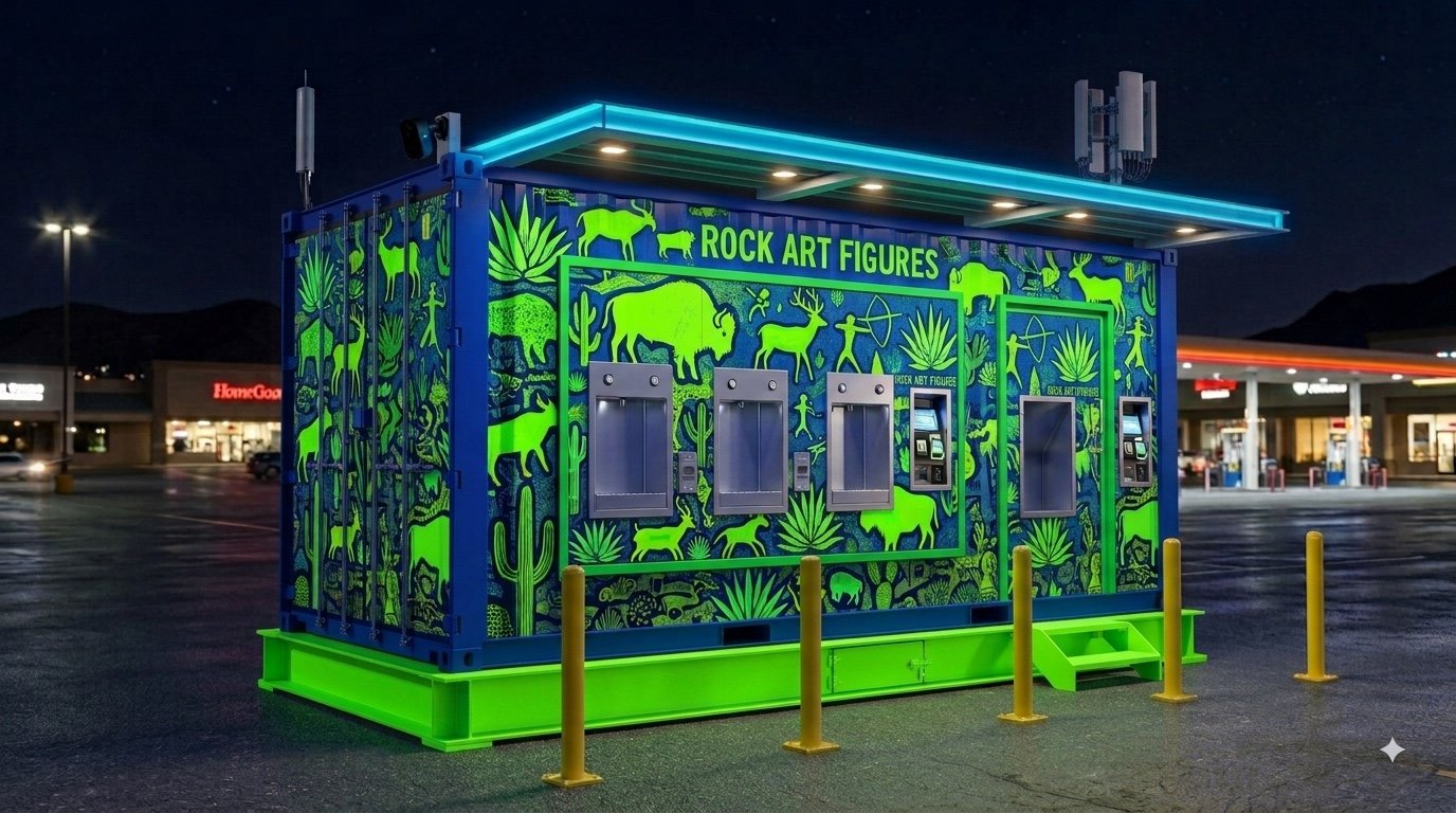 Daylight kiosk concept with bright green rock-art figures and desert plants
